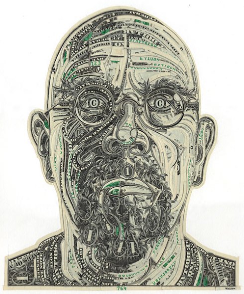 A Chuck Close portrait in money by Mark Wagner